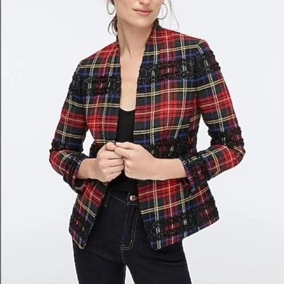 J. Crew Going-Out Lurex Metallic Steward Tartan Blazer Red Plaid Size 4 NWT - Picture 1 of 15